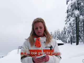 It's winter and very cold outside on that ski track but Nathaly shows us her big sweet boobs for some cash. She's one hell of a blonde, a pretty face, lengthy hair and big hot boobs. Nathaly is a greedy bitch and for some extra cash she will do a lot, wanna find out what?