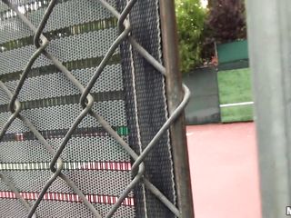 2 hot teens, a blonde and a brunette, are playing tennis. A horny pervert is passing by and is watching 'em throughout the fence. They are all in the mood for some fucking and leave together to go into a room. The girls start taking their clothes off and touching that large hard cock. What comes next?